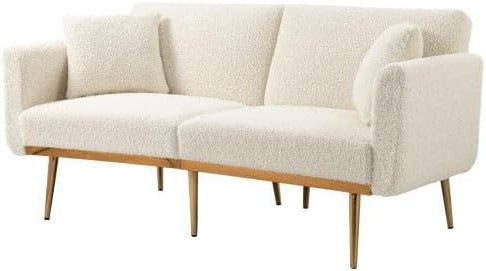 Velvet 3 Seater Design Sofa, Folding 3-Adjustable Sofa Bed, Metal Leg Support Living Room, Bedroom, Small Space, Comfortable for Sitting or Sleeping (White + Teddy) - QUORE