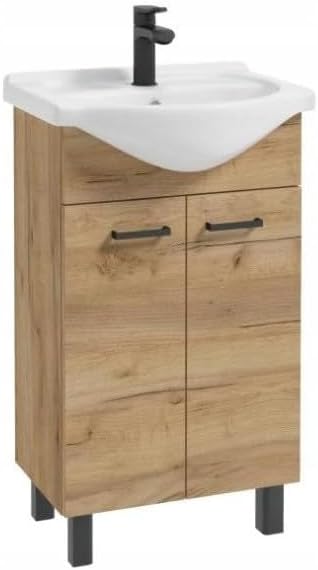 Domodomo Bathroom Cabinet with Washbasin 85 x 50 x 41 cm Freestanding Bathroom Cabinet and Base Cabinet Oak 50 cm, Elegant Set with Fixture Black Matt, Click-Clock-Stopfen, Siphon - QUORE