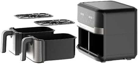 MasterPRO Rocket Duo 900 Dubbele friteuse, olievrij, zwart, 9 l en 2400 W, led-display met touchpad en anti-aanbakmand, rechthoekige siliconen bakplaat, 12,7 x 19,5 x 7 + 2 cm