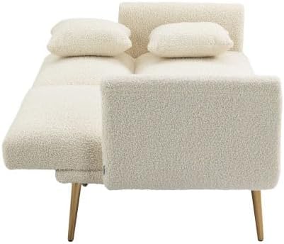 Velvet 3 Seater Design Sofa, Folding 3-Adjustable Sofa Bed, Metal Leg Support Living Room, Bedroom, Small Space, Comfortable for Sitting or Sleeping (White + Teddy) - QUORE