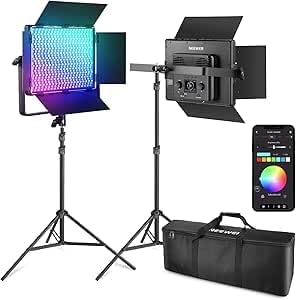 NEEWER 2-pack PL60C RGB videolamp LED-paneel continu licht set met 2 m licht statief/tas APP/2,4 G/DMX besturing 60W 23000Lux/0,5 m 2500K-10000K 18 scènes RGBCW Pro fotografie studioverlichting