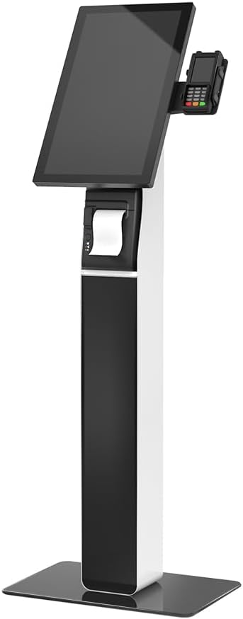 Kiosk VESA Vloerstandaard – Monitorstandaard – Displaystandaard – POS Standaard – Zelfbedieningszuil – Voor 21,5–27 Inch – Volledig Metaal – Printerruimte En Kaartlezerbeugel