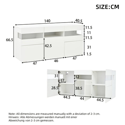 Dressoir – Sideboard – Kast – Opbergkast – Woonkamermeubel – Wit Hoogglans – 140 cm Breed – Duurzaam Bamboe – Drie Deuren Met 7 Planken