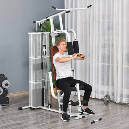 Home Gym Trainingsstation – Fitness Station – Krachttraining Machine – Multi Gym – Exercisestation – 45 kg Weerstandsgewicht – Stalen Veiligheidsnet – Wit en Bruin