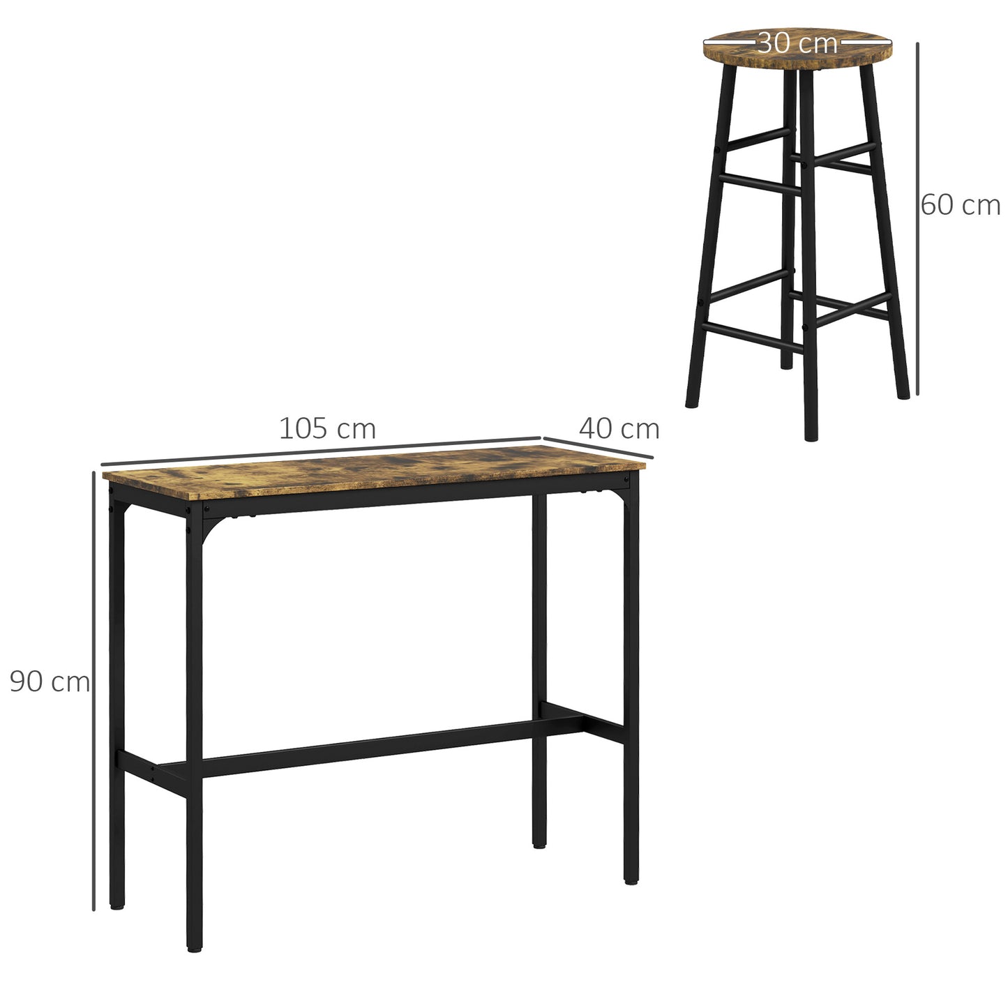 Bistro Bartafel – Sta Tafel – Hoge Tafel – Barset – Bistro Set – Industrieel Design – Houten Blad Met Zwarte Stalen Poten – Inclusief 2 Krukken Met Voetsteunen – Compact En Ruimtebesparend
