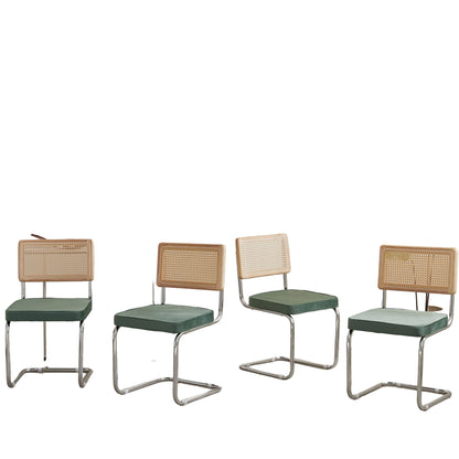 Eetkamerstoel – Kuipstoel – Stoel – Keukenstoel – Set van 4 – Fluwelen Bekleding – Chromen Poten – Handgevlochten Rattan Rugleuning – Comfortabele Sponsvulling – Mid-Century Modern Design