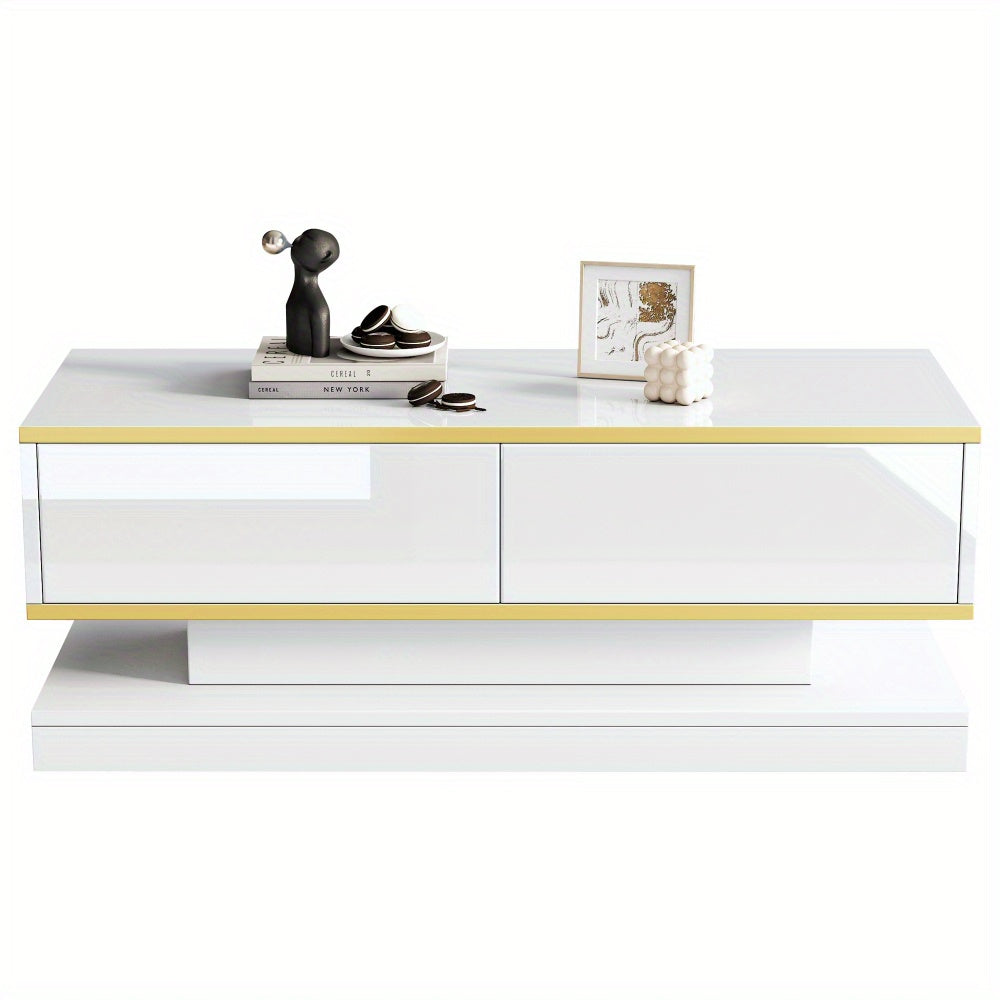 Salontafel – Woonkamertafel – Koffietafel – Bijzettafel – Coffee Table – Warm Wit Met Gouden Accenten – 2 Ruime Lades – 100 Cm Breed Met Stabiel Metalen Frame