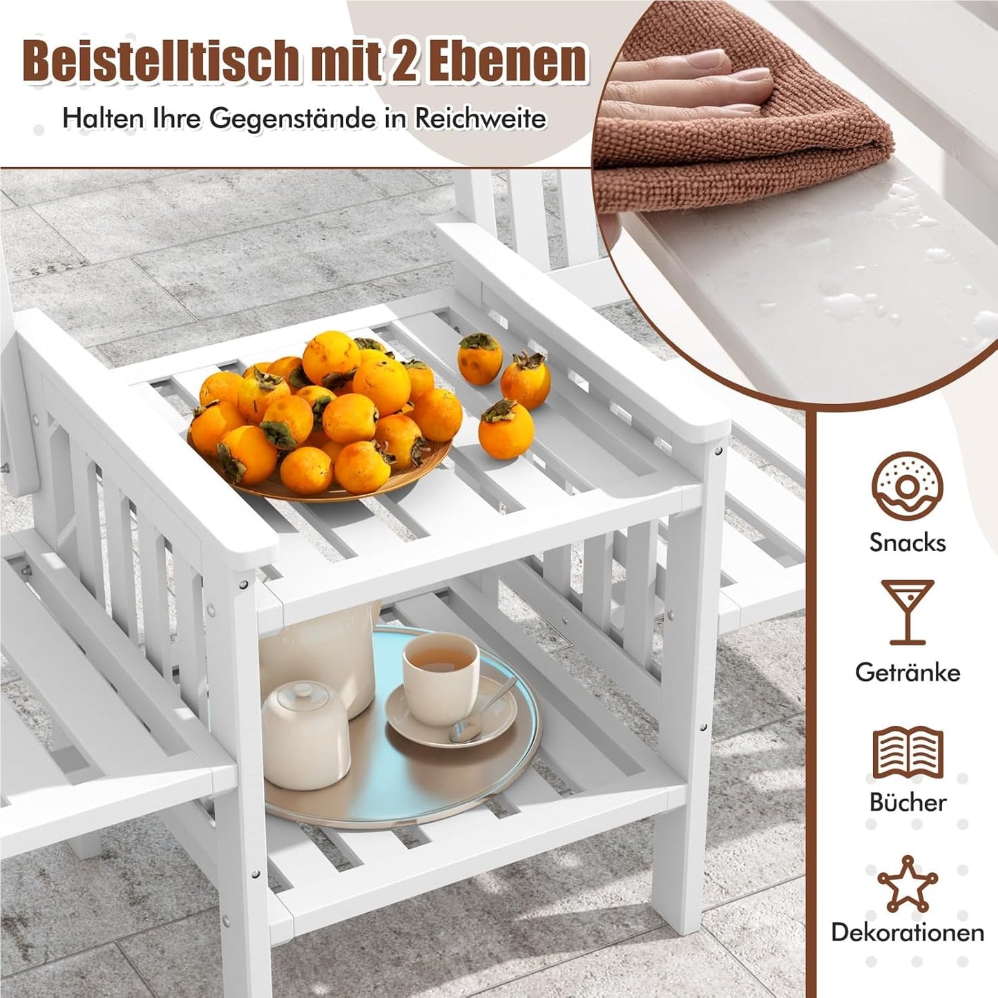 Tuinbank – Buitenbank – Terrasbank – Balkonbank – Picknickbank – Houten 2-Zits Bank Met Tafel – Parasolhouder – 165 x 60 x 88 cm – Massief Grenenhout – Draagvermogen 330 kg – Wit