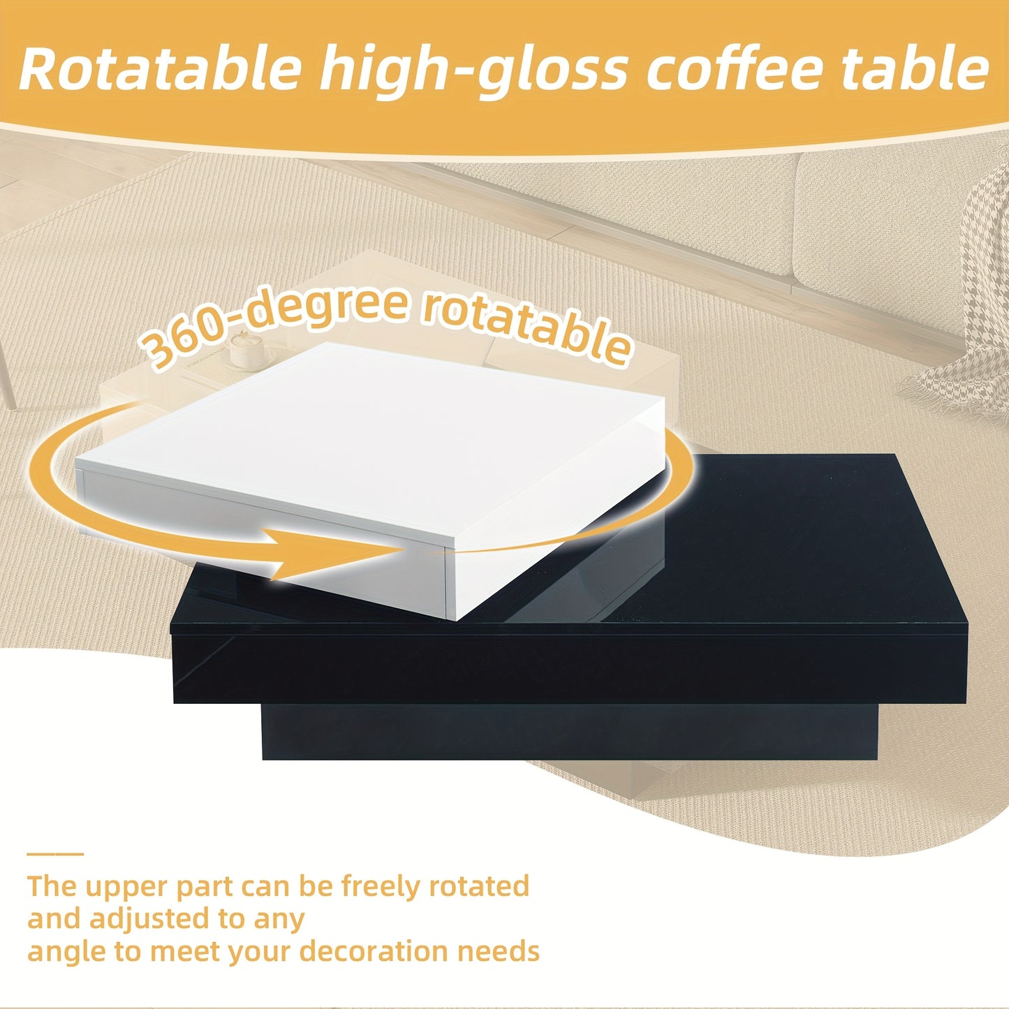 Salontafel – Tafel – Koffietafel – Bijzettafel – Draaibare Tafel – Zwart-Wit – Hoogglans – Metalen Constructie – Draaibaar Middenstuk – Ruimtebesparend Ontwerp
