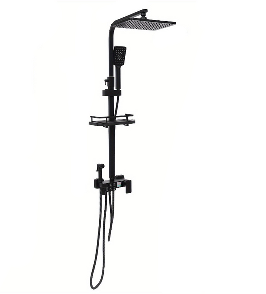 Regendouche – Douche Set – Doucheset – Douchesysteem – Handdouche – Mat Zwart – Roestvrij Staal – Verstelbare Hoogte – Ingebouwde Opbergrek