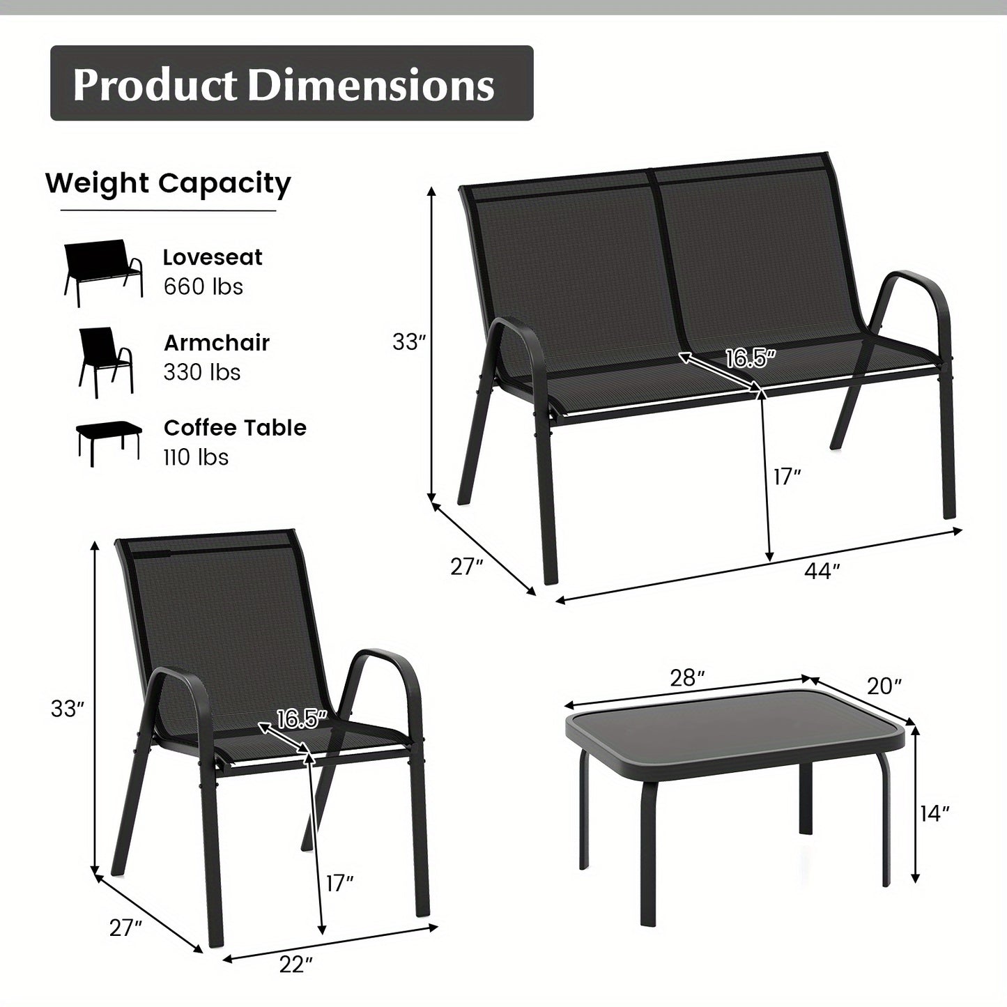 Tuinset – Loungeset – Bistroset – Zitgroep – Fauteuilset – Metalen Frame – Weerbestendige Stof – Temperatuurglas Tafelblad