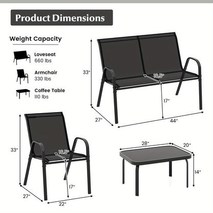 Tuinset – Loungeset – Bistroset – Zitgroep – Fauteuilset – Metalen Frame – Weerbestendige Stof – Temperatuurglas Tafelblad
