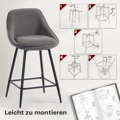 Barstoel – Barkruk – Barkruk – Keukenstoel – Barstoel Set Van 2 – Corduroy Bekleding – Stalen Poot – Ergonomische Rugleuning – Zithoogte Aanrecht – Modern Design – Comfortabel & Stevig