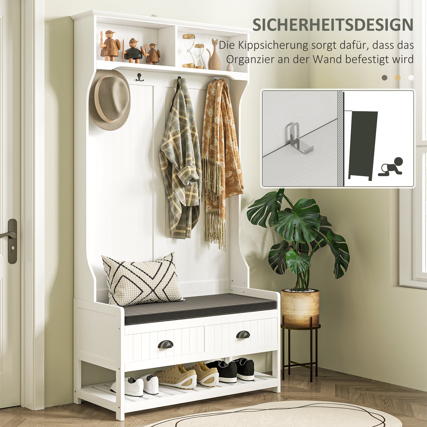 Kapstok – Garderoberek – Schoenenbank – Halmeubel – Opbergmeubel – Wit met Grijs – Comfortabele Zitting – 3 Schoenenvakken en 2 Lades