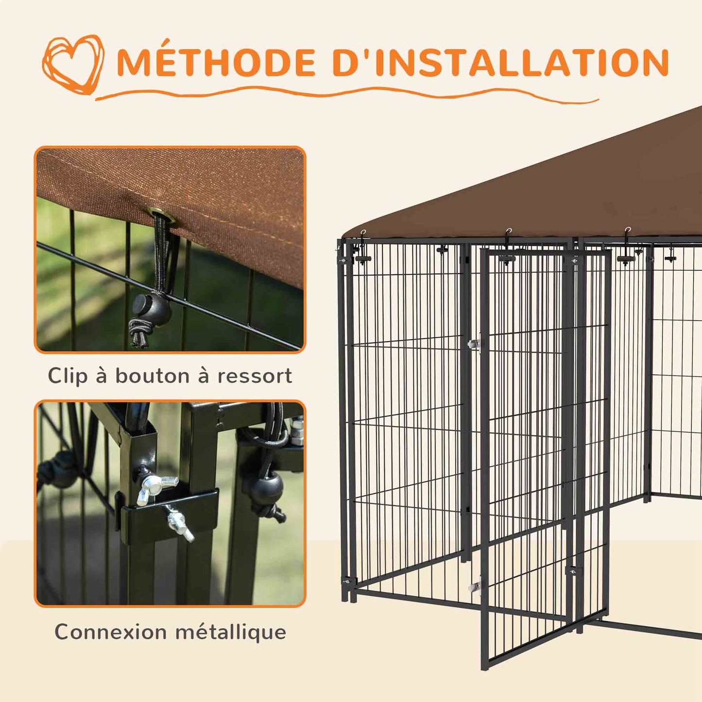 Buitenkennel Honden – Hondenren – Hondenhok – Hondenkooi – Buitenverblijf – Robuust Roestvrij Staal – Waterdicht Oxford Dak – Café Kleur – 211x211x151 cm – Veilig en Ruim