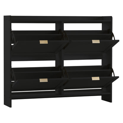 Modern Metal Shoe Cabinet with 4 Flip-Top Doors & Open Shelves - Freestanding Shoe Storage Organizer with Space-Saving Design, Sturdy Construction for Entryway, Hallway, Living Room - Black Shoe Rack with Hidden Storage Compa