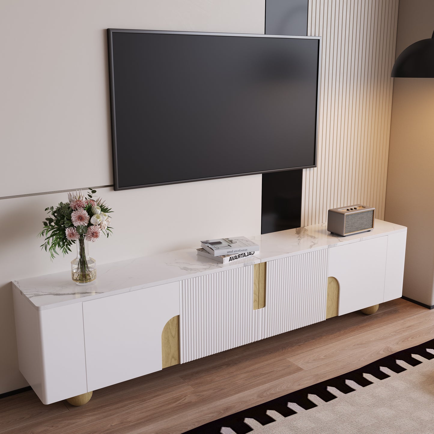 TV-meubel – Tv-kast – Tv-meubelkast – Mediameubel – Dressoir – Wit met houtaccent – 180 cm breed – Marmerlook bovenblad – Vier deuren – Massief houten poten