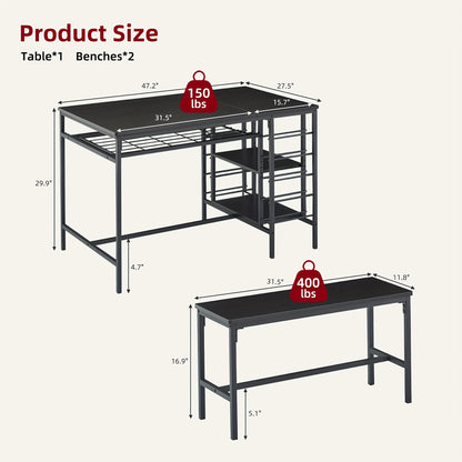 Eettafel Set – Eettafel Met Banken – Barset – Eethoek – Vintage Eettafel – Zwart-Grijs – Met Opbergruimte – Compact 120x70x30 cm