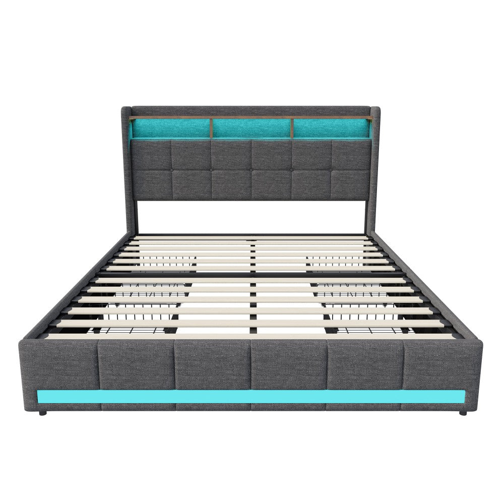 Tweepersoonsbed – Bedframe – Boxspring – Opbergbed – Led-bed – 160x200 cm – Linnen Bekleding – 4 Laden Met USB Opladen
