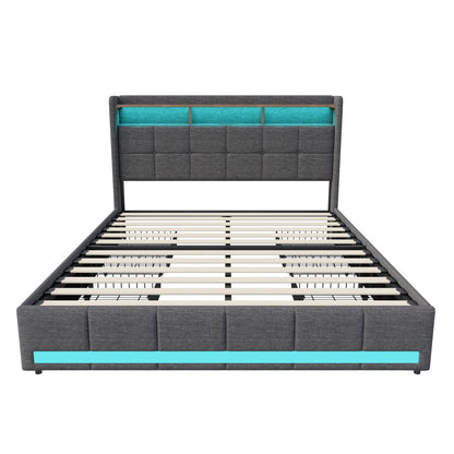 Tweepersoonsbed – Bedframe – Boxspring – Opbergbed – Led-bed – 160x200 cm – Linnen Bekleding – 4 Laden Met USB Opladen