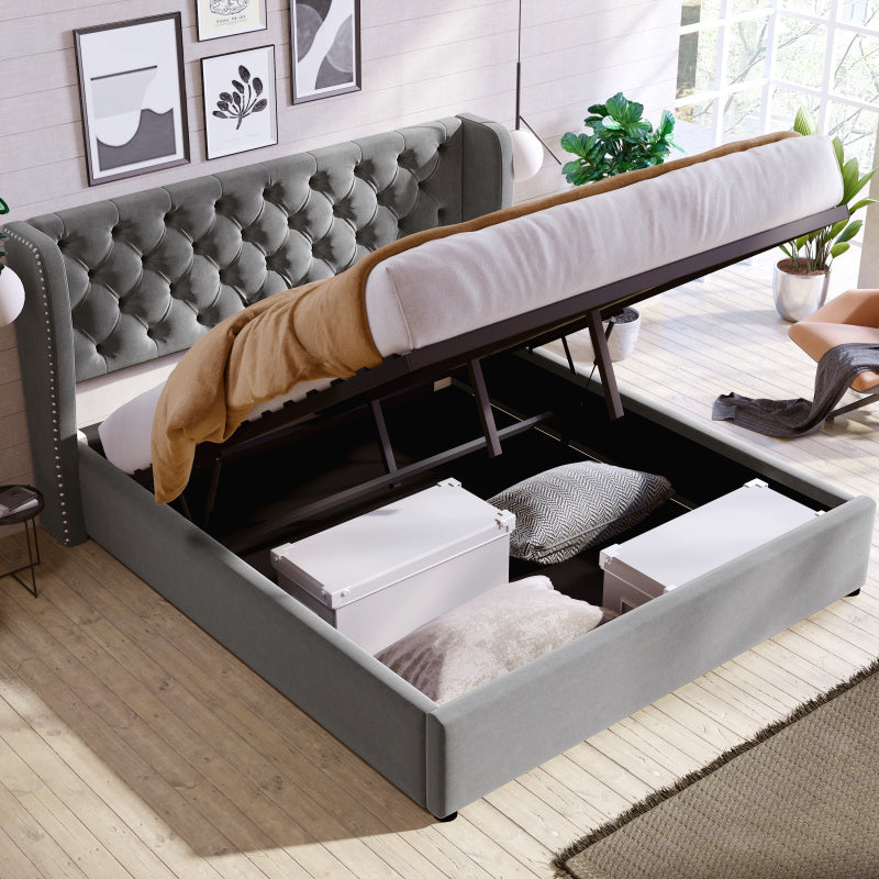 Packaged bed in the shape of a velvet double bed 140190 Hydraulic functional bed with slatted base and gray storage space