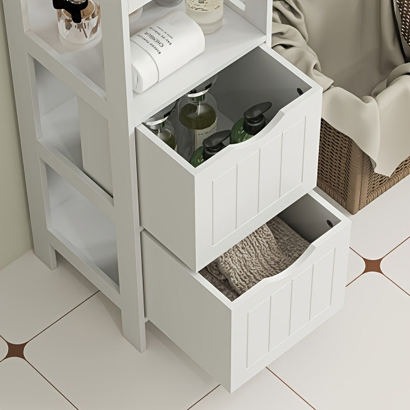 Badkamerkast – Badkamermeubel – Opbergkast – Kolomkast – Wastafelonderkast – Vrijstaand – Bamboe – 2 Lades & 3 Open Vakken – Compact Design – Natuurlijk Wit