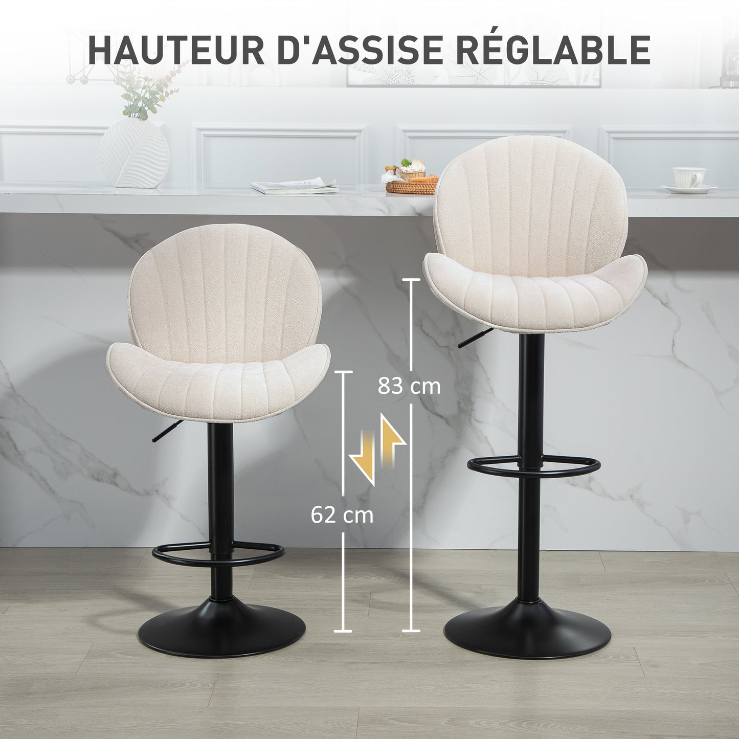 Barstoel – Kruk – Barkruk – Keukenstoel – Barstoel Met Rugleuning – 360° Draaibaar – Verstelbare Hoogte – Stalen Frame – Beige