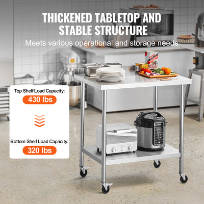 Roestvrijstalen Werktafel – RVS Werkbank – Keukentafel – Cateringtafel – Werkbank Op Wielen – 61x91,5x102 cm – 0,8 mm Roestvrij Staal