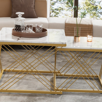 Salontafelset – Koffietafel – Bijzettafel – Woonkamertafel – Tafeltje – Glanzend Marmerlook – 2 Stuks Vierkant 60x60x45 & 45x45x40 cm – Verstelbare Poten, Max 30 kg Belastbaar