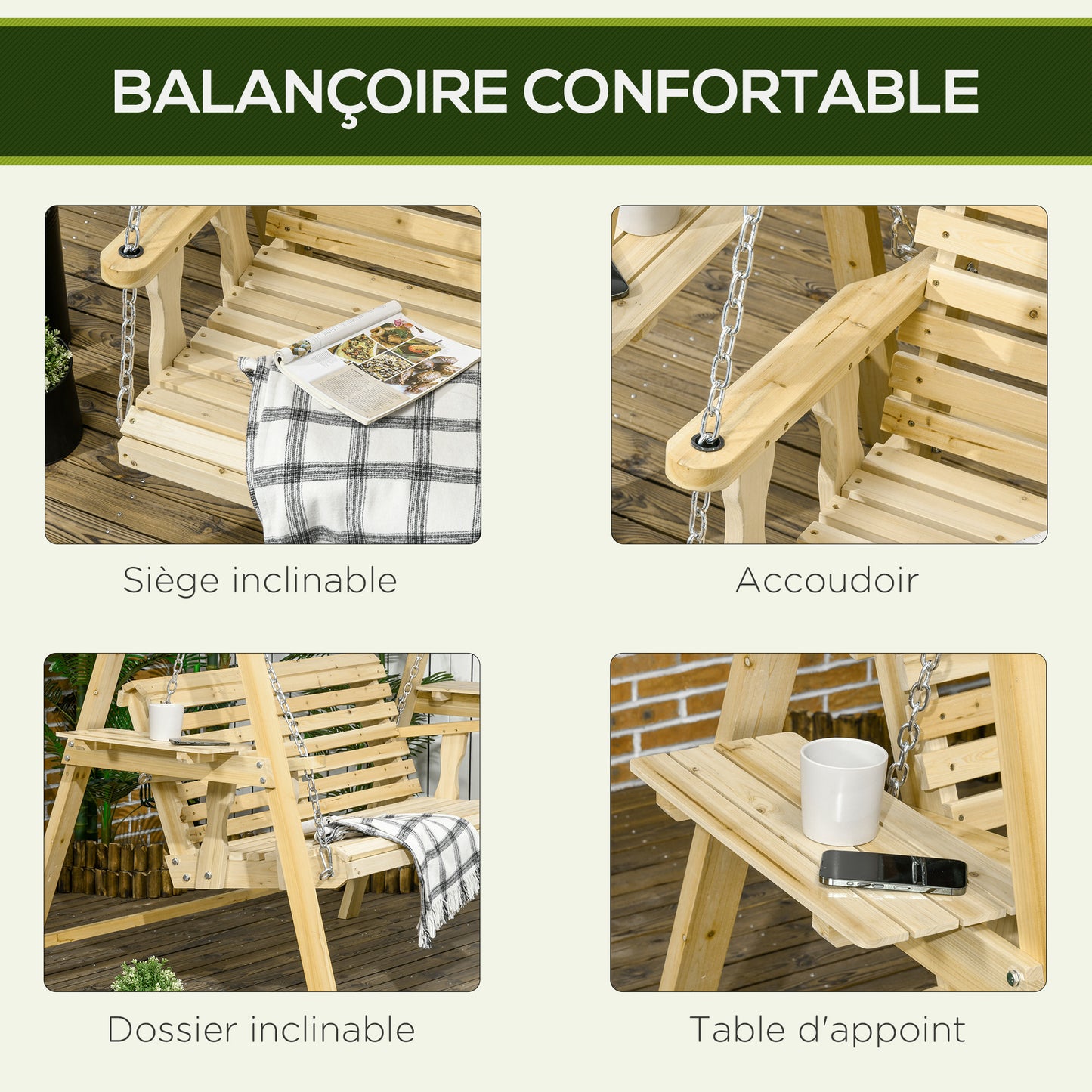 Houten Tuitschommel – Tuinbank Schommel – Buiten Schommel – Tweezits Schommel – Natuurlijke Houtvariant – Verstelbare Hoogte – Ergonomisch Comfort – 196x120x171 cm