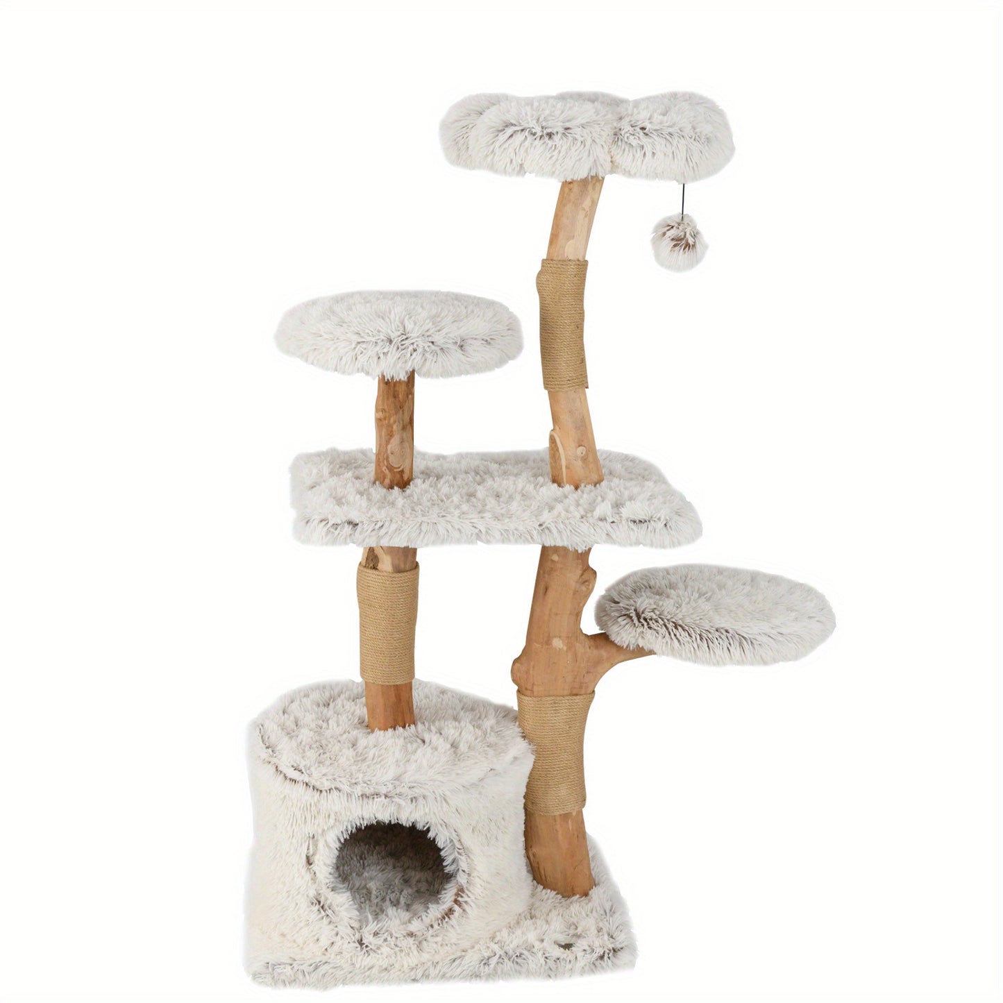 Krabpaal – Kattenboom – Kattenhuis – Krabmeubel – Kattenmand – 134 cm Hoog – Robuuste Perenhout Constructie met Jute Krabpalen – Bloemvormig Pluche Plateau