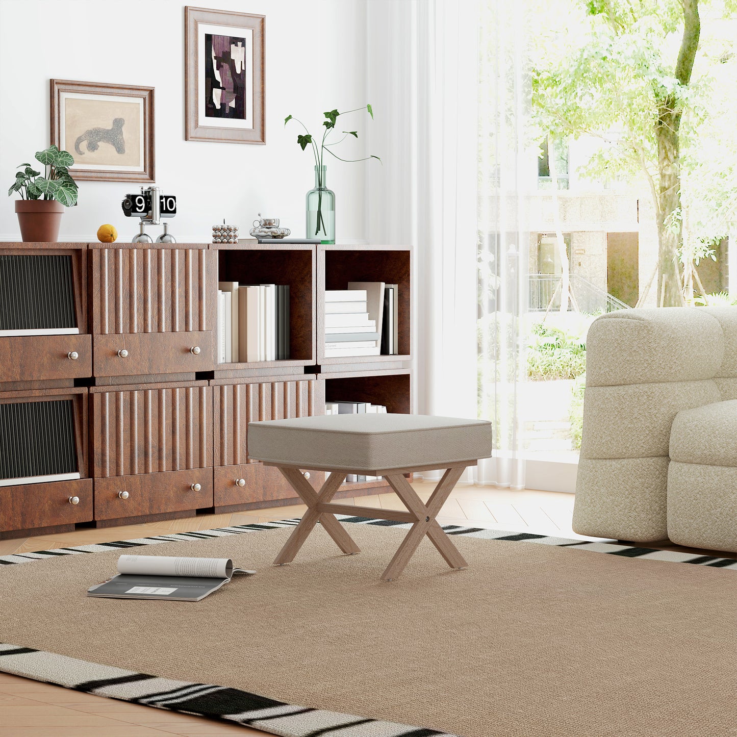 Voetenbank – Poef – Hocker – Zitbankje – Voetensteun – Comfortabel Zacht Zitvlak – Stevige Rubberwood Poten – Beige
