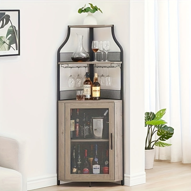 4-Tier Corner Wine & Coffee Bar Cabinet - Hardwood Construction, Removable Wine Rack, Glass Holders & Mesh Doors, Holds 50+ Bottles, Space-Saving Design with Dual Use as Serving Table, 73.66cm Height, Wine Bar Cabinet, Versat