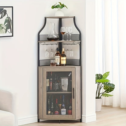 4-Tier Corner Wine & Coffee Bar Cabinet - Hardwood Construction, Removable Wine Rack, Glass Holders & Mesh Doors, Holds 50+ Bottles, Space-Saving Design with Dual Use as Serving Table, 73.66cm Height, Wine Bar Cabinet, Versat