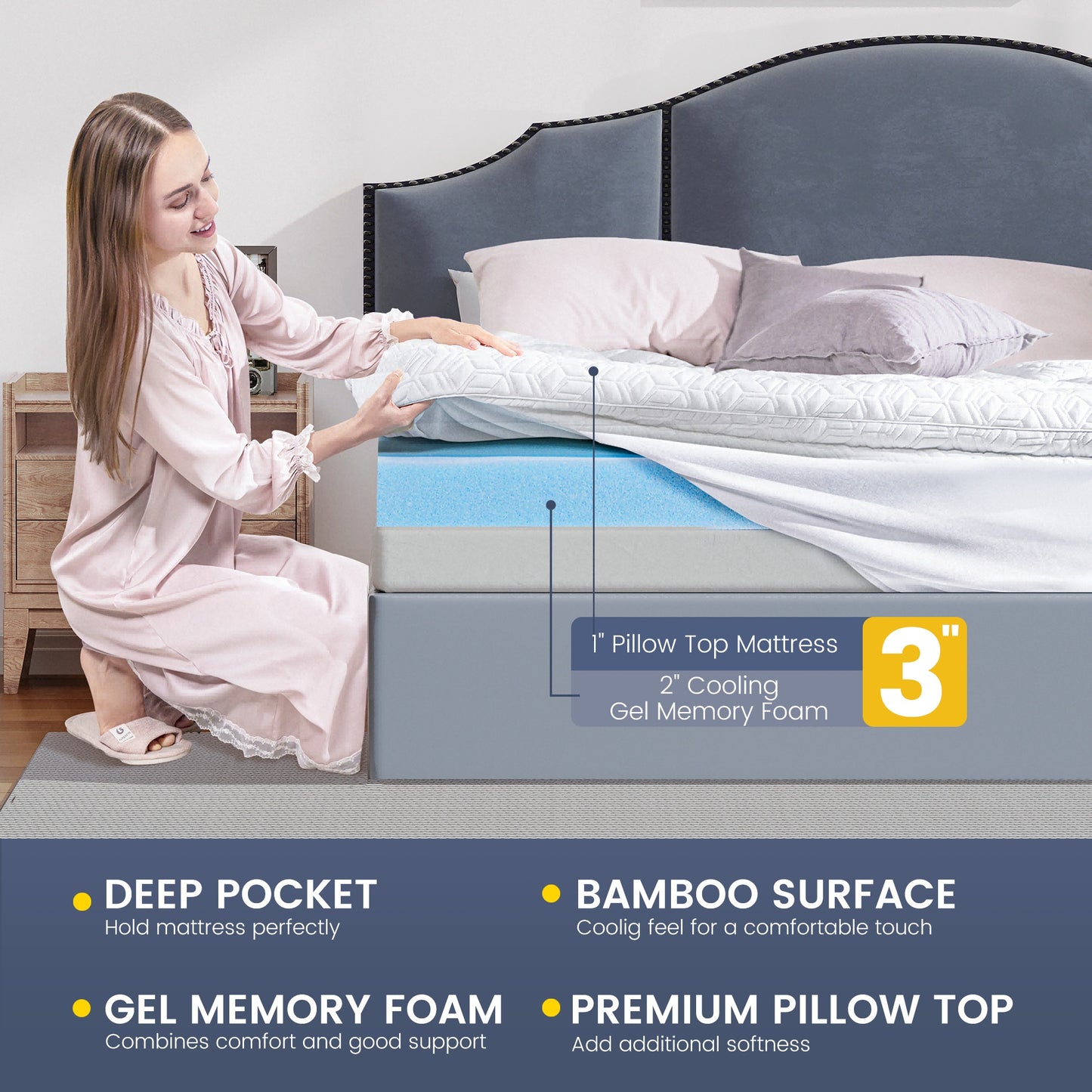 Matras Topper – Topmatras – Matras Verbeteraar – Bed Topper – Matras Vervanger – Queen Size 140x200 cm – Dubbele Laag Memory Foam – Bamboe Hoes Afneembaar Wasbaar