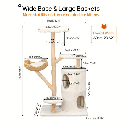 Kattenkrabpaal – Krabmeubel – Kattenboom – Krabtoren – Kattenhuis – 142 cm Hoog – Stevig Hout En Soft-Touch Textiel