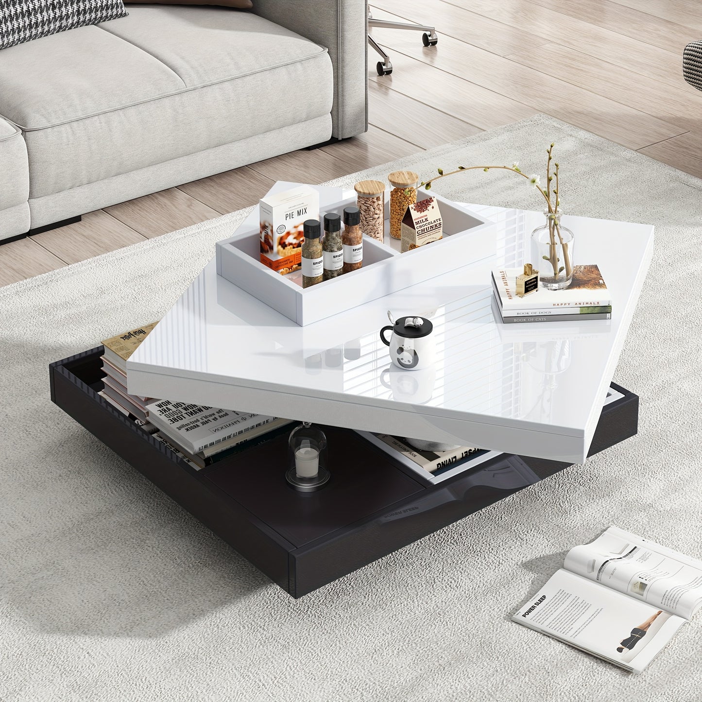 Salontafel – Woonkamertafel – Koffietafel – Bijzettafel – Draaibare Tafel – Hoogglans Wit – Zwart Frame – 360° Draaibaar – 2-Niveaus Opbergruimte 70x70x36 cm