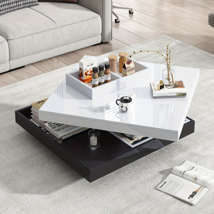 Salontafel – Woonkamertafel – Koffietafel – Bijzettafel – Draaibare Tafel – Hoogglans Wit – Zwart Frame – 360° Draaibaar – 2-Niveaus Opbergruimte 70x70x36 cm