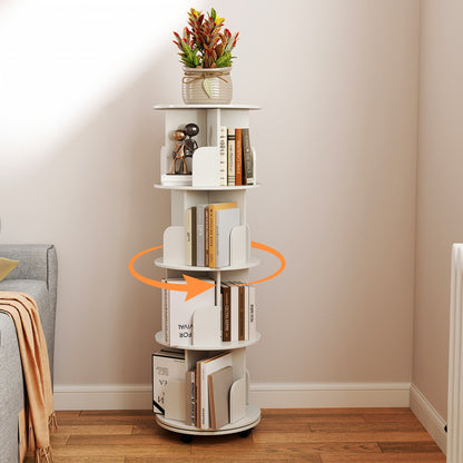 Boekenplank – Boekenrek – Wandplank – Boekenkast – Wandrek – 4 Lagen – 360° Draaibaar Met Remwielen – Wit MDF – Stevig & Gemakkelijk Te Monteren