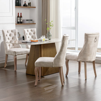 Eetkamerstoel – Stoel – Dinerenstoel – Zithoekstoel – Keukenstoel – Set Van 4 – Hoge Rugleuning – Fluwelen Beige Bekleding