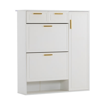 Schoenenkast – Schoenenrek – Schoenopberger – Schoenenkastje – Schoenmeubel – Wit Met Gouden Handgrepen – Verstelbare Planken – Twee Laden