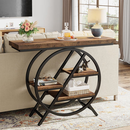 Sidetable – Consoletafel – Haltafel – Wandtafel – Bijzettafel – Rustiek Bruin – 100 cm Smal – Met Metalen Frame & 4 Dikke Opbergniveaus