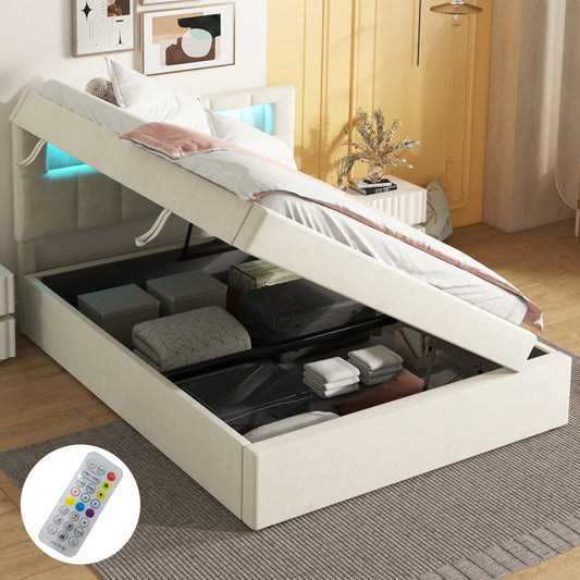 Bedframe – Bed – Tweepersoonsbed – Eenpersoonsbed – Slaapbank – Beige Gestoffeerd – Extra Lang 90x200 cm – Verstelbaar Hoofdbord – Grote Opbergruimte – Inclusief Matras – Duurzame Stevige Constructie