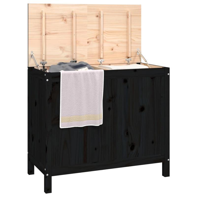 Wasmand – Wasbox – Wassorteerder – Waszak – Opbergmand – Massief Grenenhout – 3 Compartimenten Met Uitschuifbare Laden – Zwart – 88,5x44x76 cm – Klassiek Design