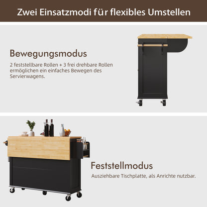 Keukenwagen – Serveerwagen – Barwagen – Opbergwagen – Mobiele Keukenwagen – Met Glazen Deuren – Grote Lade – Wieltjes Met Remmen – Duurzaam MDF Houtpanelen – Uitklapbaar Werkblad