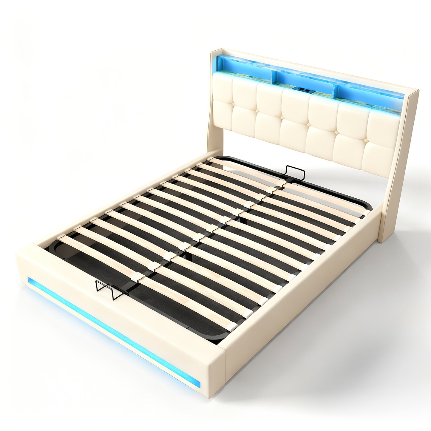 Upholstered Ottoman Bed with Hydraulic Lift & LED Storage Headboard | 140x200cm Double Bed Frame, Grey, Powered, Contemporary Style, Assembled - Oyajia