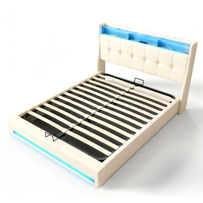 Upholstered Ottoman Bed with Hydraulic Lift & LED Storage Headboard | 140x200cm Double Bed Frame, Grey, Powered, Contemporary Style, Assembled - Oyajia