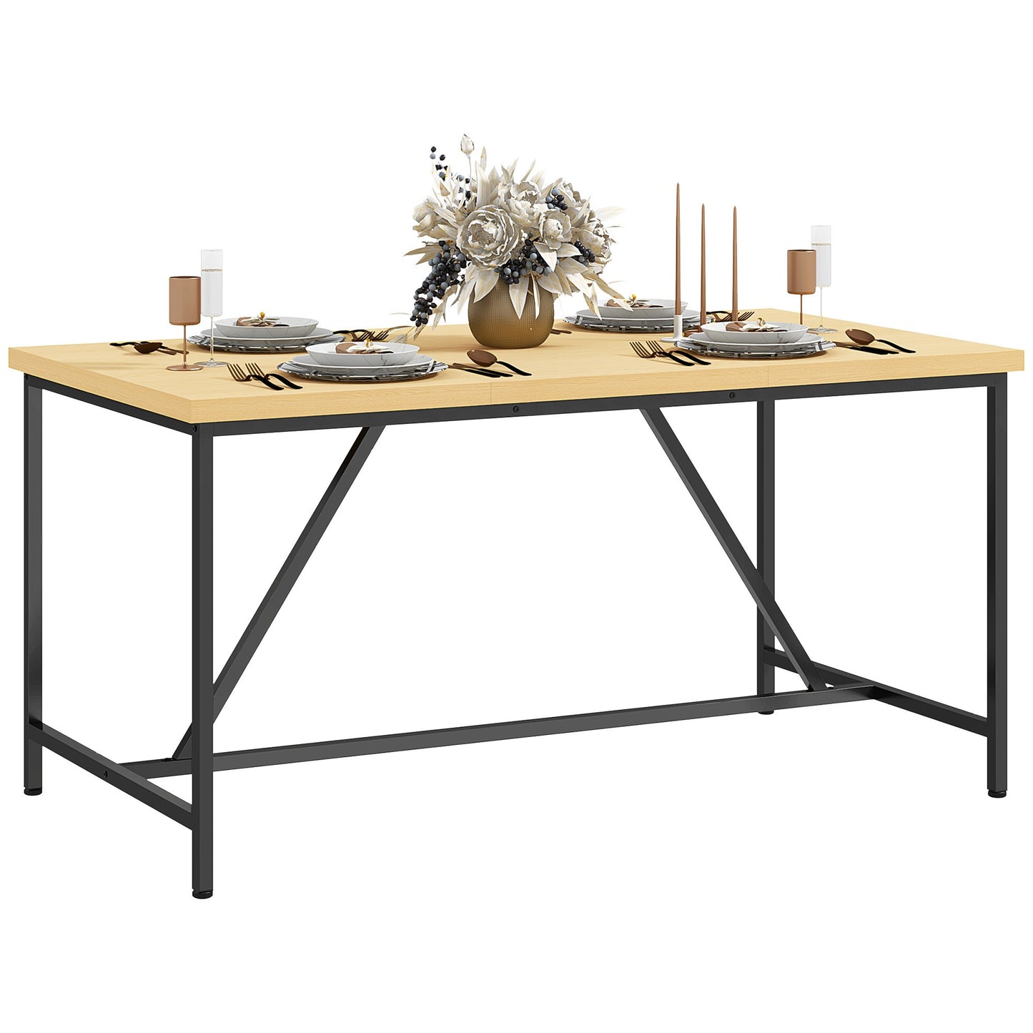 Eettafel – Eetkamertafel – Keukentafel – Tafel – Tafeltje – Modern Design – Houten Look Blad – Zwarte Stalen Poten – 150x80 cm – Verstelbare Pootjes