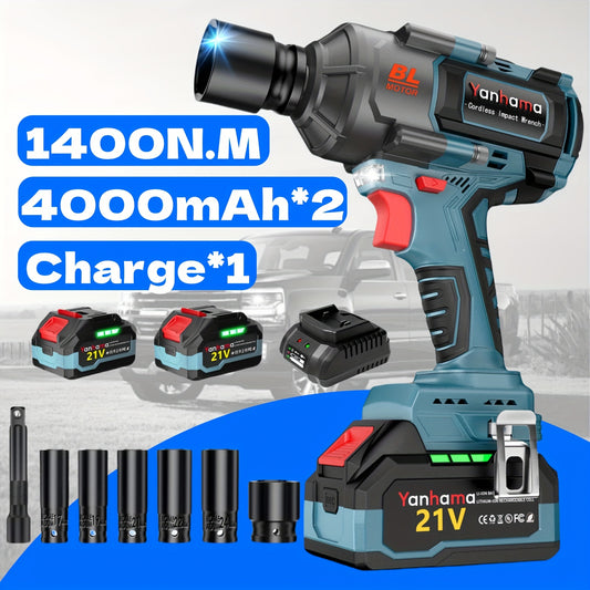 Yanhama 1400Nm Brushless Impact Electric Wrench 21V Voltage Dual Battery Life Three-speed Speed Regulation + LED Lights Precise Control And More Labor-saving, Projects, Professional , Lightweight , Ergonomic Grip, Highperform