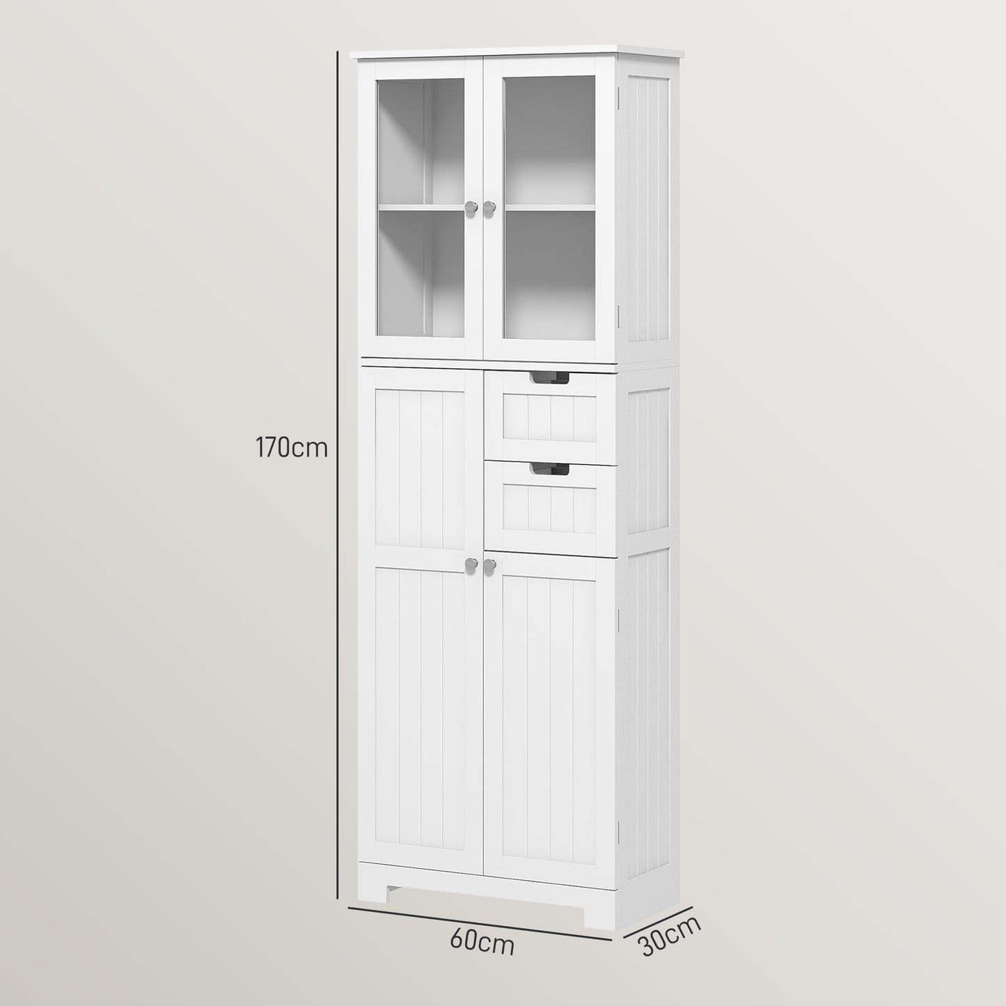 Badkamerkast – Badkamerkolom – Opbergkast – Bergkast – Kast Met Glazen Deuren – Wit – 60x30x170 cm – Verstelbare Planken – Inclusief Lades